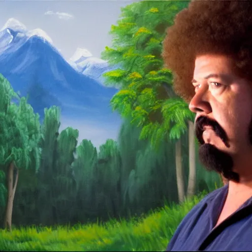 Prompt: a closeup photorealistic photograph of bob ross detailing a canvas painting of kenny powers. mountains and trees. film still. brightly lit scene. this 4 k hd image is trending on artstation, featured on behance, well - rendered, extra crisp, features intricate detail, epic composition and the style of unreal engine.