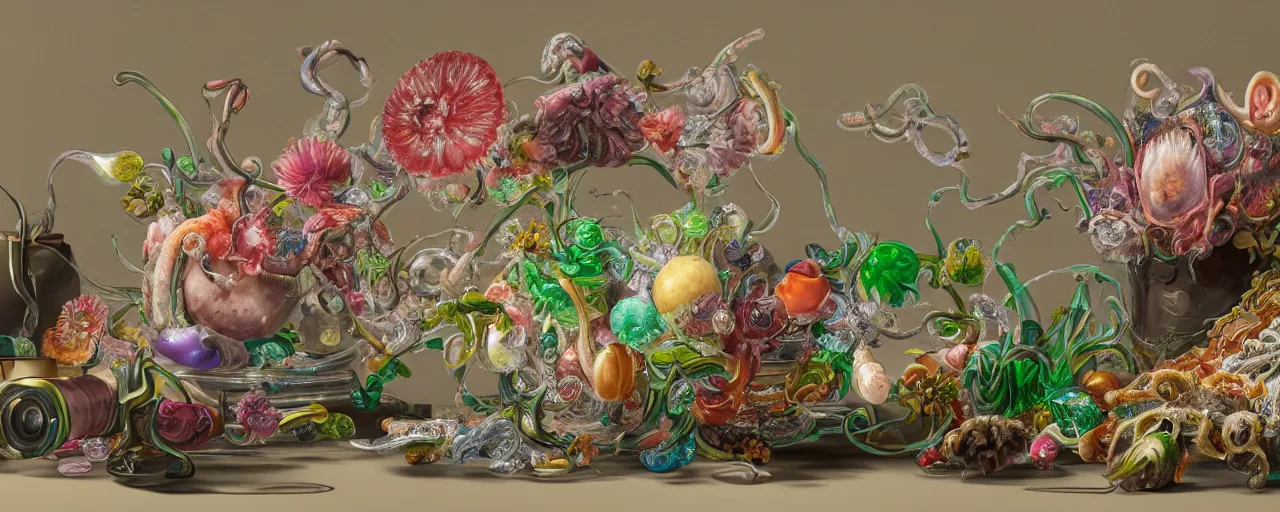 Prompt: ultradetailed photorealistic still life with jelly flowers by ernst haeckel, jan brueghel, james jean and david lachapelle, slime and tentacles, wide angle, minimalistic cinematic composition, octane render, bokeh, unreal engine, 4k, 3d render