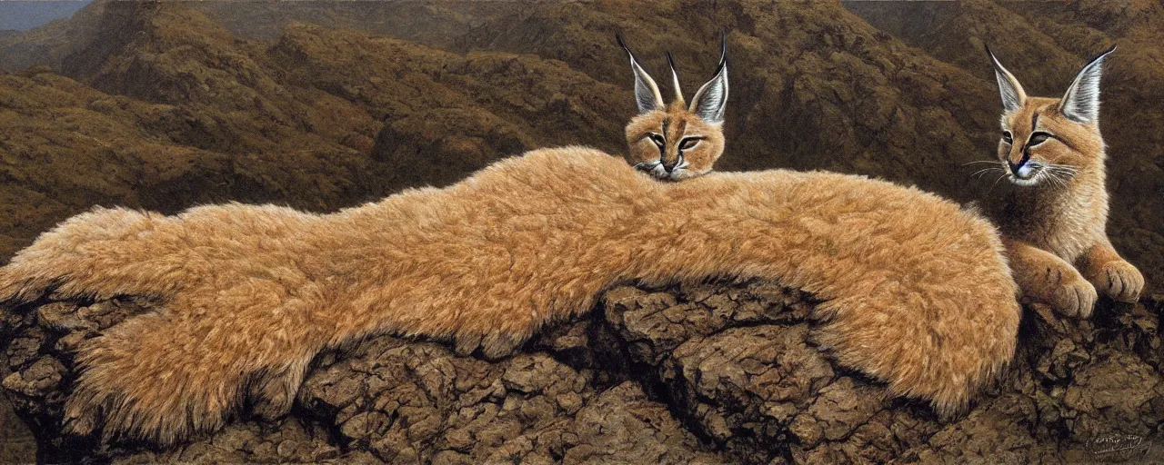 Image similar to a cute fluffy caracal on a high hill landscape with a circle of four large stones like fingers on the top, by ted nasmith