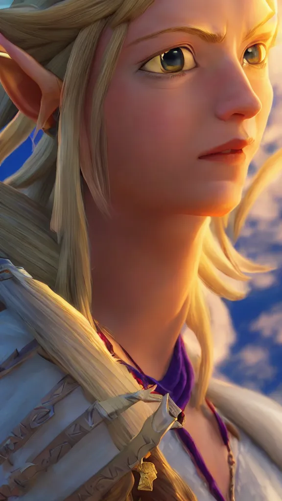 Image similar to Skyward Sword Zelda, Artstation HQ, photorealistic, hiperrealistic, sharp focus, 4k UHD, Unreal Engine 5, close up, studio lightning, brught tones, high contrast, intricate, masterpiece, sharp focus, cellshaded