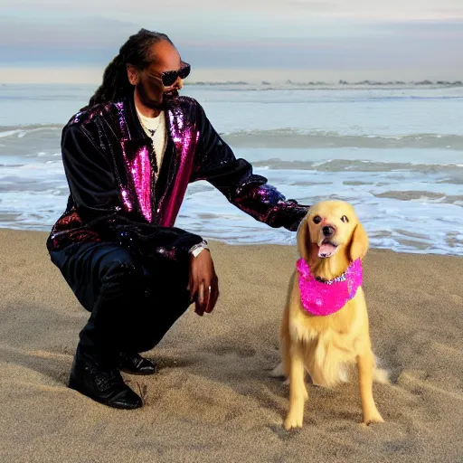 Image similar to Snoop Dogg any sparkly pink sequin jacket petting a golden retriever on a beach at night