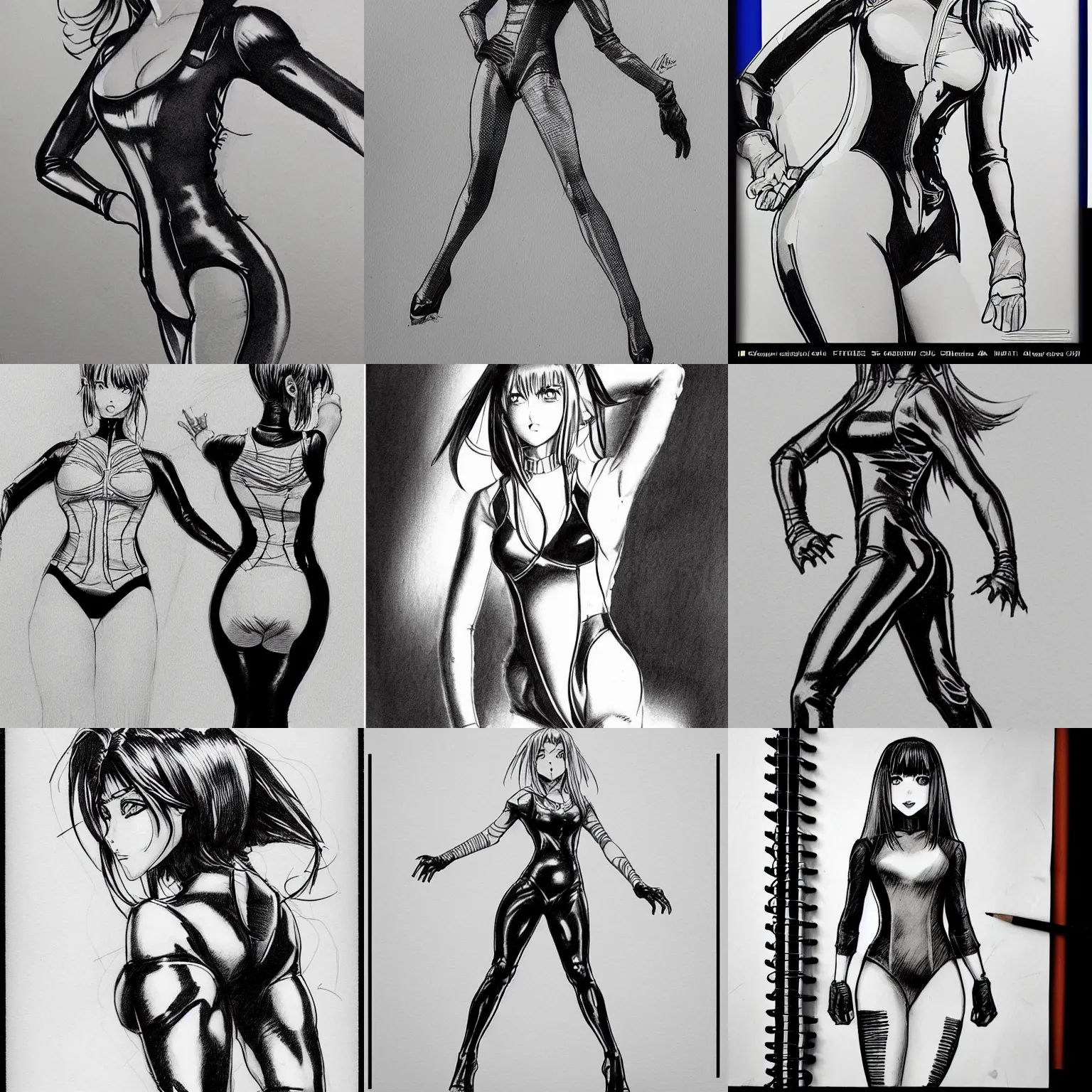 Prompt: masterful professional ink pen liner sketch of a 1 9 9 0 s manga style posing in latex leotard, marvel style, concept art, fine details, crosshatching, trending on artstation, high quality paper, instagram photo. art university academy work, gnomon, calarts, disney pixar