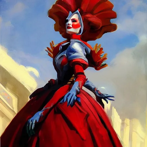 Image similar to greg manchess portrait painting of partially armored red queen from alice in wonderland as overwatch character, medium shot, asymmetrical, profile picture, organic painting, sunny day, matte painting, bold shapes, hard edges, street art, trending on artstation, by huang guangjian, gil elvgren, ruan jia, randy vargas, greg rutkowski