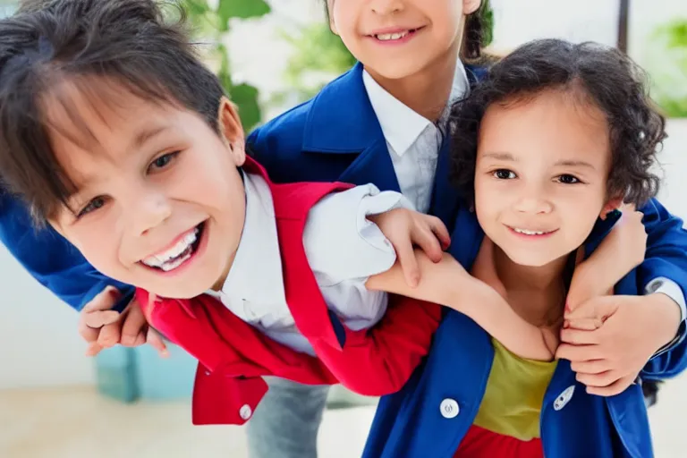 Prompt: two children stacked on top of one another in a trenchcoat buying a los angeles mansion from a real estate agent