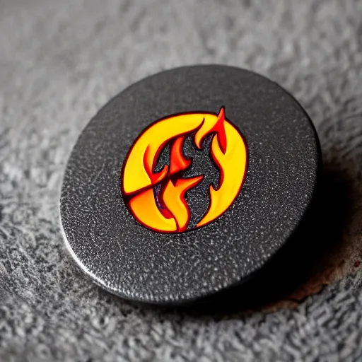 Prompt: an award - winning photograph of minimalistic clean fire flames warning label enamel pin, beautiful cinematic light, behance
