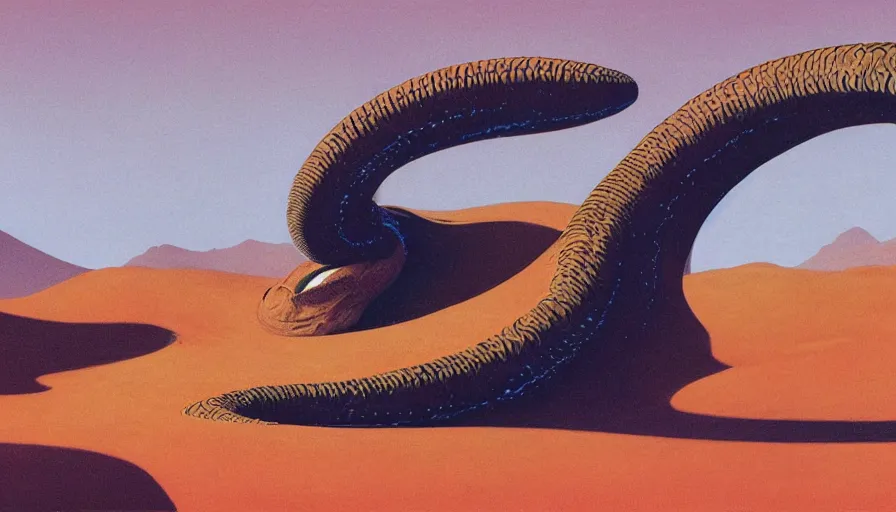 Image similar to a giant sandworm bursting out of the sand on a mountainous desert planet, by roger dean, by dean ellis, by moebius, oil on canvas, highly detailed, soft lighting