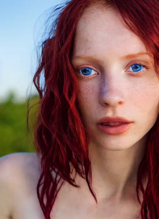 Image similar to close up portrait photograph of a thin young redhead woman with russian descent, sunbathed skin, with deep blue eyes. Wavy long maroon colored hair. she looks directly at the camera. Slightly open mouth, face takes up half of the photo. a park visible in the background. 55mm nikon. Intricate. Very detailed 8k texture. Sharp. Cinematic post-processing. Award winning portrait photography. Sharp eyes.