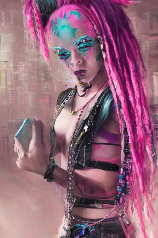Image similar to portrait of a cybergoth girl with pink dreads reading a book on the floor of a cluttered 9 0 s bedroom, dynamic lighting, fantasy concept art, trending on art station, stunning visuals, creative, cinematic, ultra detailed,