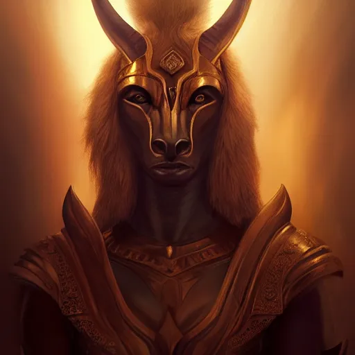 Image similar to Majestic gracious Anubis female warrior portrait, atmospheric lighting, painted, intricate, volumetric lighting, beautiful, rich deep colors masterpiece, golden hour, sharp focus, ultra detailed, by Leesha Hannigan, Ross Tran, Thierry Doizon, Kai Carpenter, Ignacio Fernández Ríos