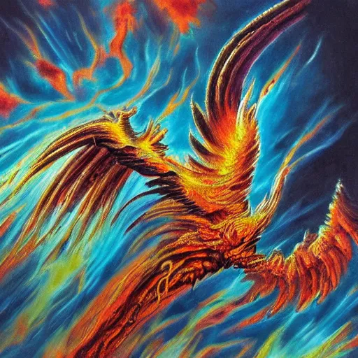 Prompt: painting by h. r. giger, phoenix rising from the ashes, energetic composition, cloudy, hellfire, brimstone, highly detailed painting, 4 k, extreme rage, unholy wrath, vibrant colors, colorful, abstract