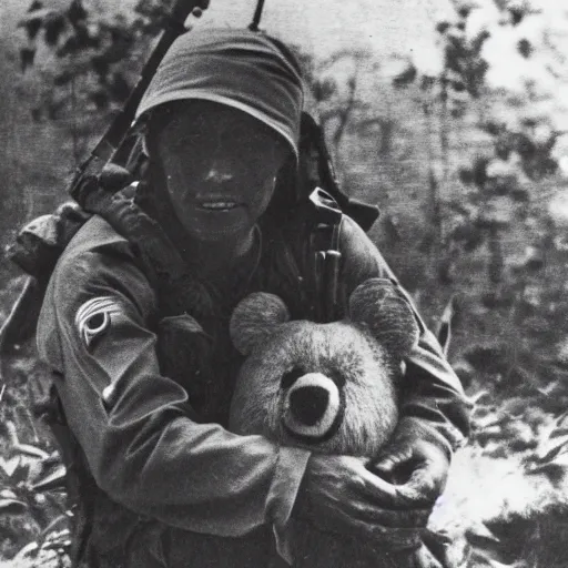 Prompt: a photo of Freddy faz bear in the Vietnam war ,vintage, black and white