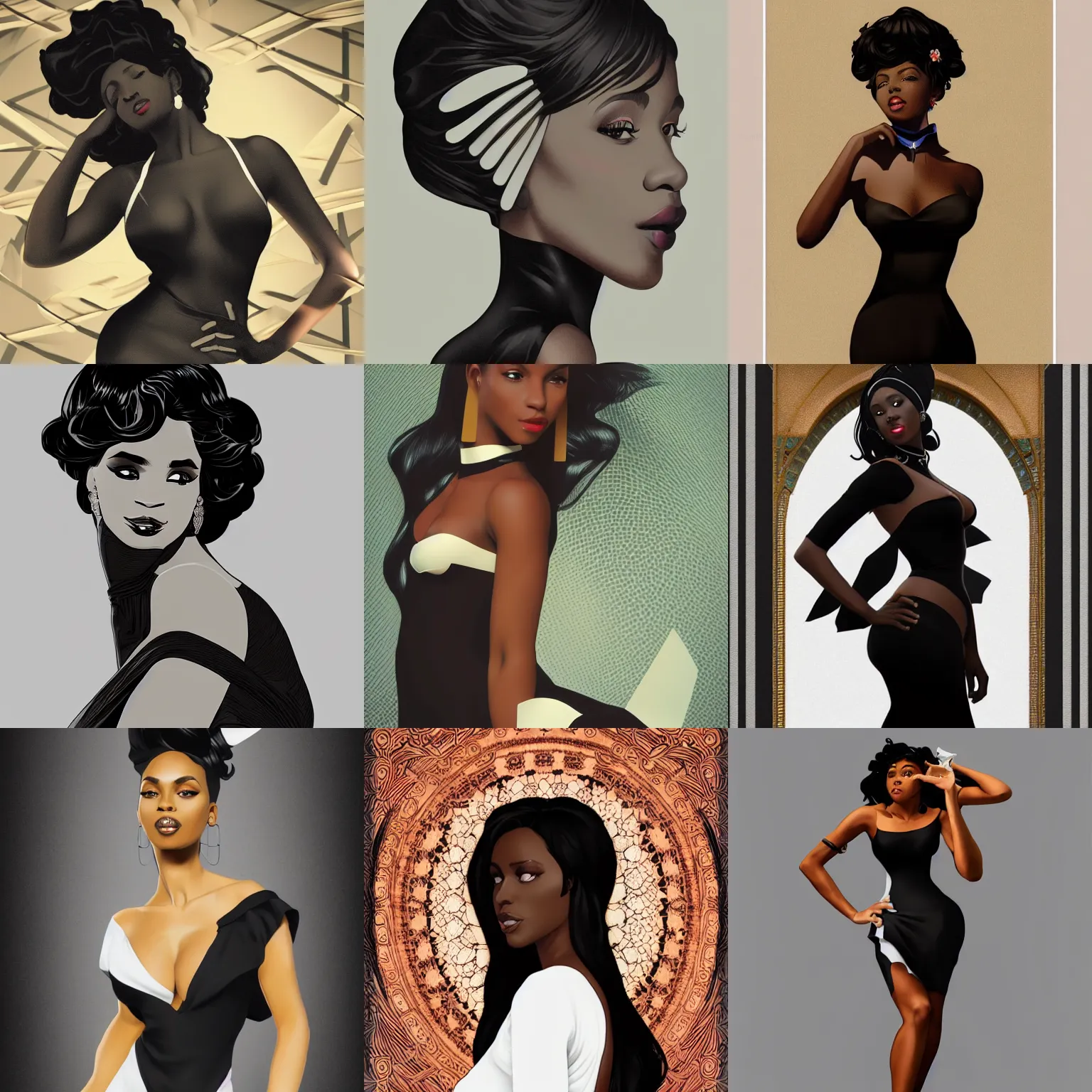 Prompt: sexy black woman in a black cutout dress with white trim, as seen on artgerm, octane render, in the style of alphonse mucha, ultra realistic, highly detailed, 8 k