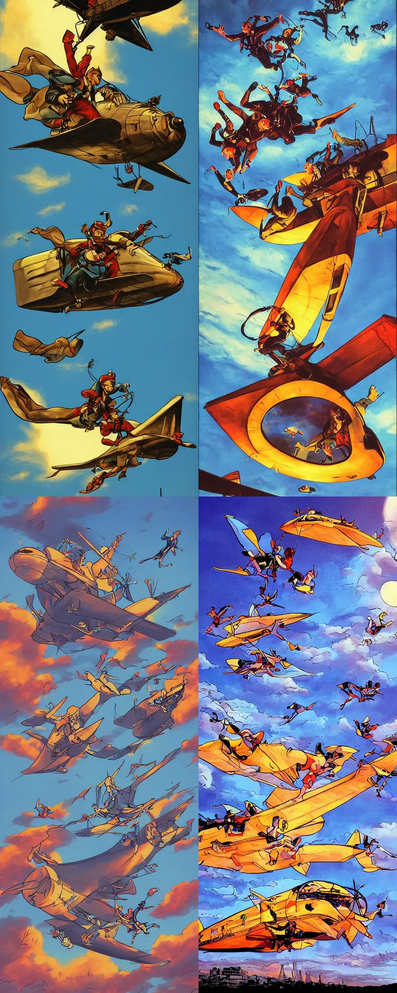 Prompt: cats skydiving from an airship at dusk, comic artwork, glossy finish, bright colors