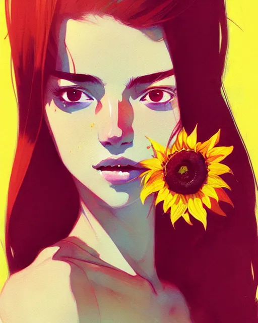 Image similar to a ultradetailed beautiful panting of a stylish woman holding a sunflower, by conrad roset, greg rutkowski and makoto shinkai, trending on artstation