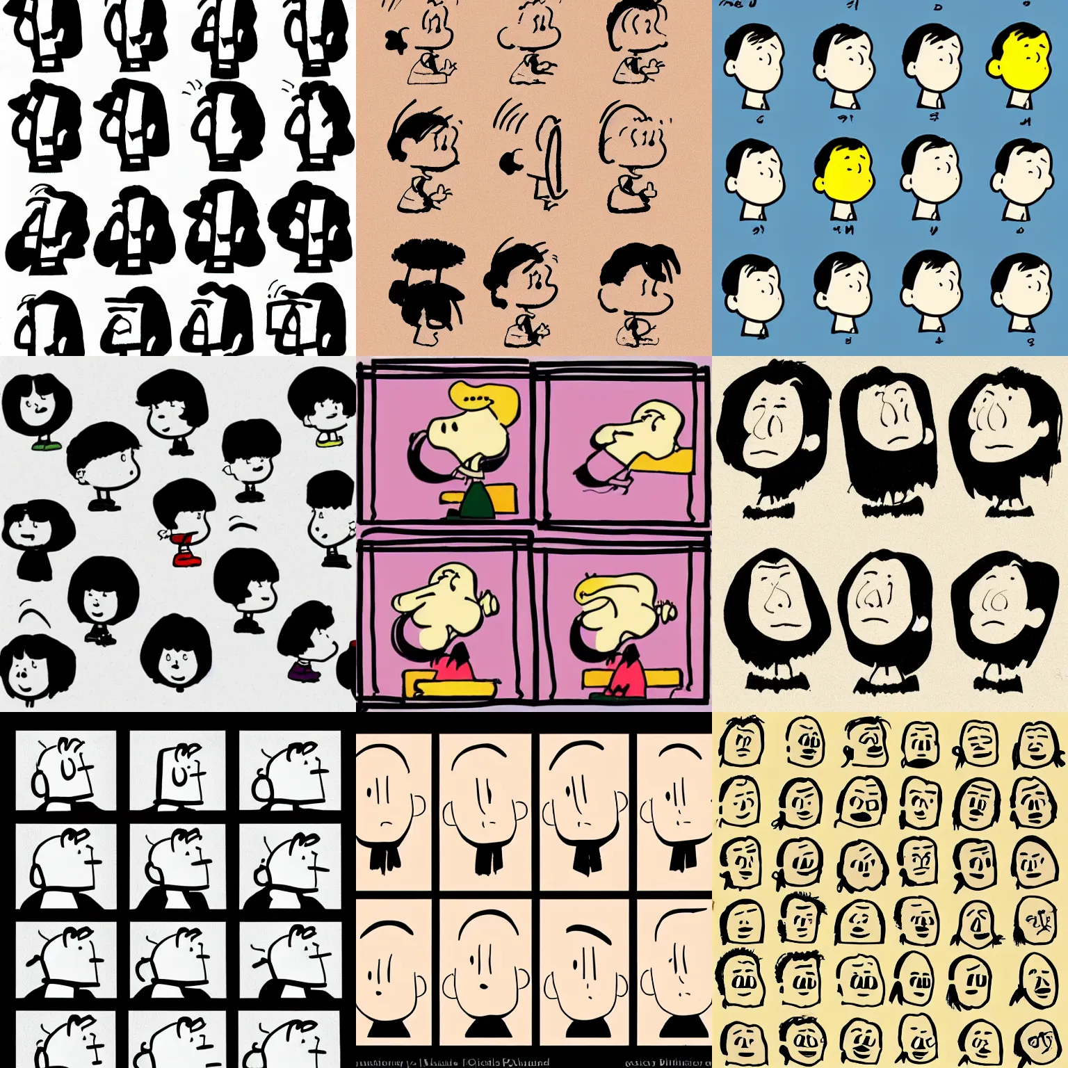 Prompt: minimallist illustration of a variety of commonly - intuited facial expressions, artwork by charles schulz