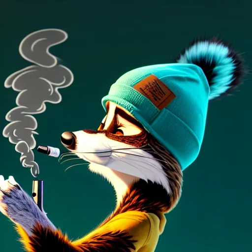 Image similar to a very relaxed stoner with a black hoodie on with a furry raccoon head from zootopia, wearing teal beanie, holding a small vape, blowing out smoke, 3 d render, 8 k, 4 k, extremely detailed fur, wearing a cool marijuana leaf t - shirt