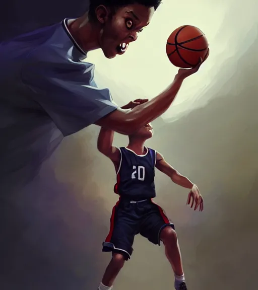 Prompt: portrait of a boy holding a basketball playing basketball wearing a basketball uniform in a basketball court, intense emotion, intricate, elegant, highly detailed, centered, digital painting, artstation, concept art, smooth, sharp focus, illustration, by Peter Mohrbacher, WLOP