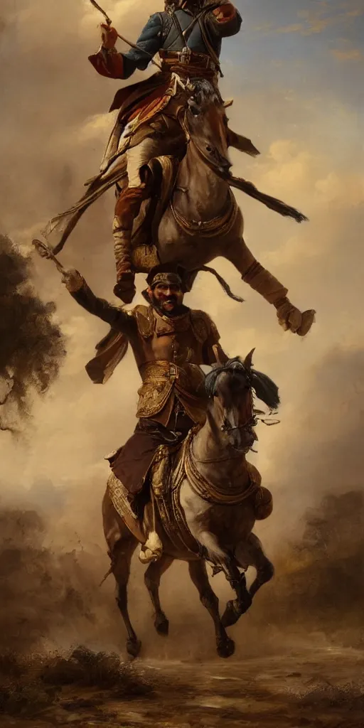 Image similar to Highly detailed and cinematic romantic period oil painting of an Arabian soldier riding a rearing horse, strong atmosphere, oil painting masterpiece by Josep Tapiró Baró, RPG portrait, dynamic lighting, 8K