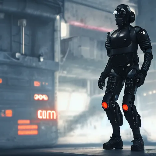 Image similar to panorama military police cyborg on a sci-fi jetbike, wearing bullet-riddled armor, glowing red eyes, wearing brutalist art deco industrial cyberpunk alley, dynamic dramatic dark moody lighting,shadows,cinematic atmosphere,Artstation, hyperrealistic 3D digital art,Octane render,8K 4K UHD image