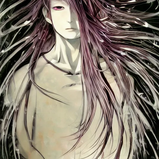 Image similar to Yoshitaka Amano blurred and dreamy illustration of an anime girl with black eyes, wavy white hair fluttering in the wind and cracks on her face wearing elden ring spiky armor, abstract black and white patterns on the background, noisy film grain effect, highly detailed, Renaissance oil painting, weird portrait angle, evangelion color palette