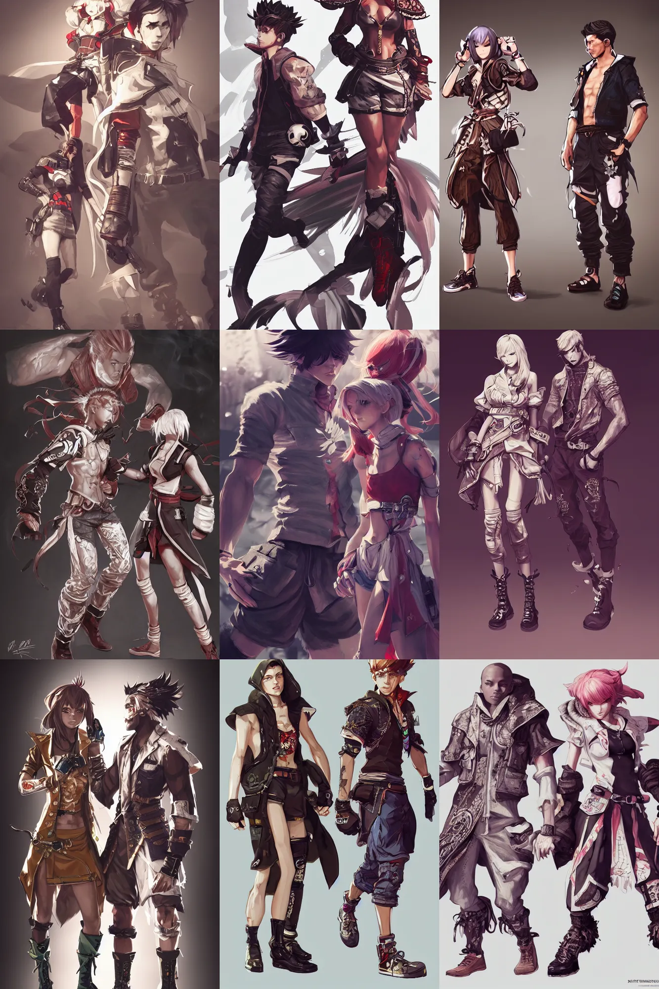 Prompt: concept art of fashionable male and female fighters wearing trendy outfit, video game characters designs, by capcom and arc system works, wlop, intricate, elegant, highly detailed, stylized, digital art, artstation, concept art, sharp focus, illustration, beautiful sunlight and shadows