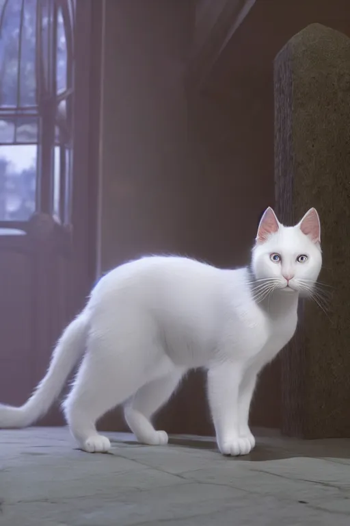 Image similar to a white cat with blue eyes wearing a red formal overcoat, hyperrealistic, concept art, octane render, unreal engine 5, realistic and defined face, profile picture, digital art, pixar and disney style, symmetrical, high quality, highly detailed, high coherence, path traced, house background, low contrast, beautiful, elegant clothes