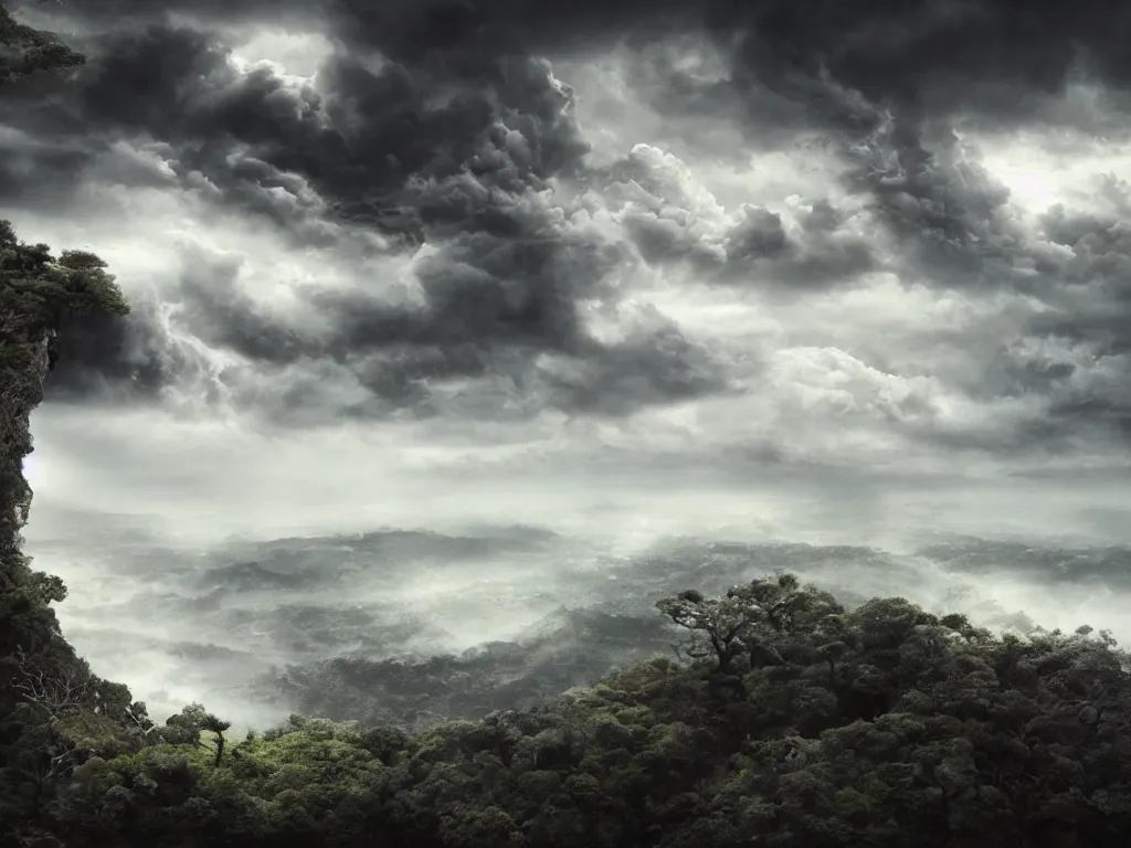 Image similar to detailed landscape, japanese high cliff, very detailed dark super storm, hyper realistic clouds, impressive, magical, very atmospheric, smoke boiling, cinematic, deep, very high complexity, stunning, masterpiece, chiaroscuro, photography, very detailed. 4 k