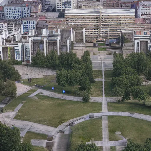 Prompt: aerial view of brutalist extensive monument ricardo bofill ( ( ( ( ( park ) ) ) ) ) spomenik with ( ( railings ) ) photo, 4 k