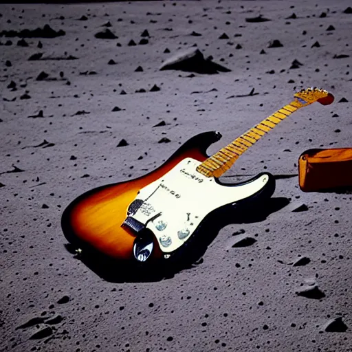 Image similar to an stratocaster electric guitar sitting idle on the moon