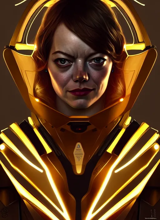 Image similar to symmetry!! portrait of emma stone, gold sci - fi armour, tech wear, glowing lights!! sci - fi, intricate, elegant, highly detailed, digital painting, artstation, concept art, smooth, sharp focus, illustration, art by artgerm and greg rutkowski and alphonse mucha