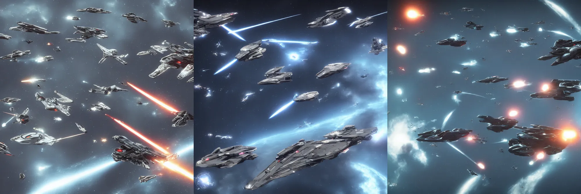 Prompt: sleek looking starships flying through space shooting at each other, beautiful space, very high quality, battletech style, star trek, battlefront, battlestar galactica, sharp, crisp, no bloom