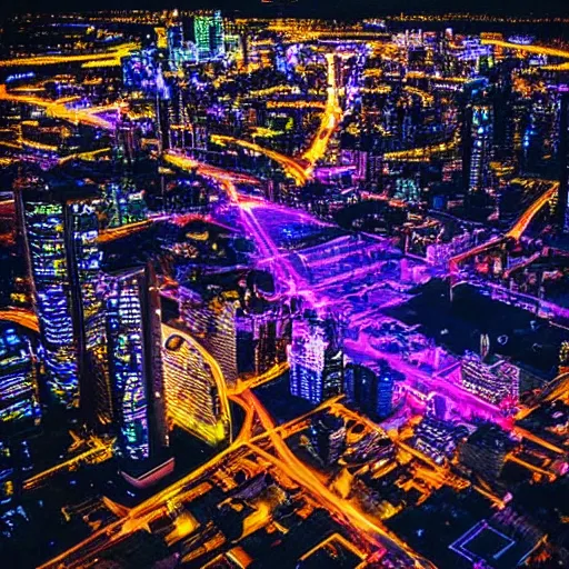 Prompt: city at night viewed from above, instagram contest winner, glowing lights, vivid colors, circuitry