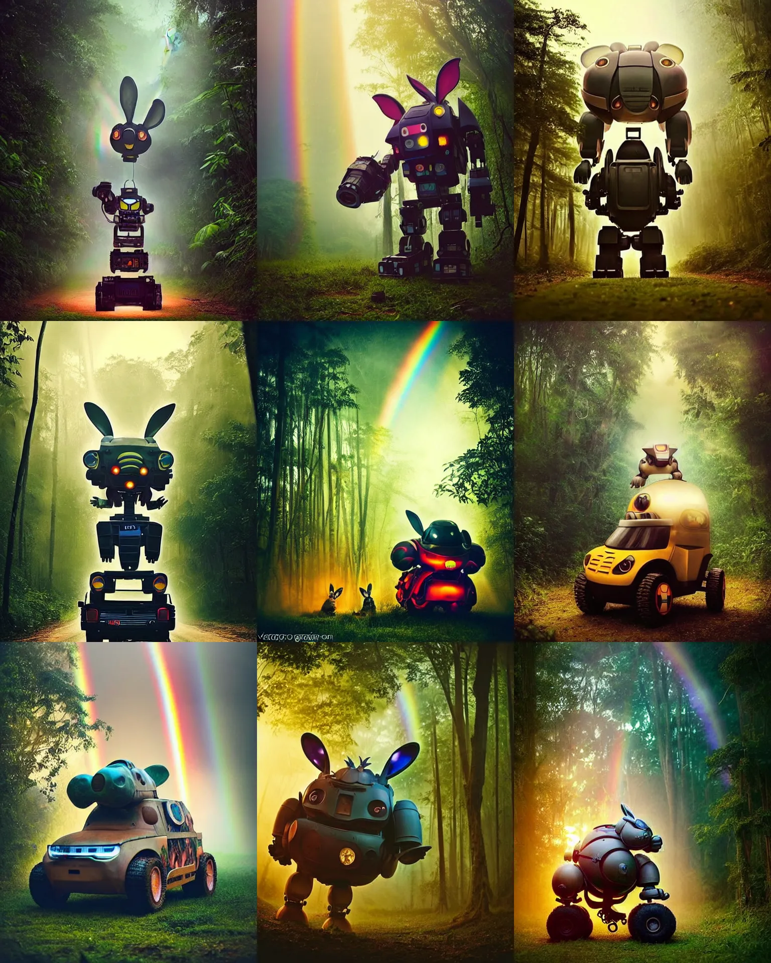 Prompt: epic nighttime chase !!!giant oversized battle rabbit robot chubby fat mech with big ears as fiat , in jungle forest !!! , full body , sunset , rainbow, Cinematic focus, Polaroid photo, vintage , neutral dull colors, foggy ,by oleg oprisco , by victor enrich , by gregory crewdson , by discovery channel