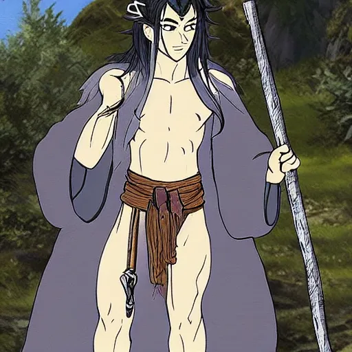 Image similar to A Half-orc Druid wearing a long grey fur robe, holding a wooden staff, anime style