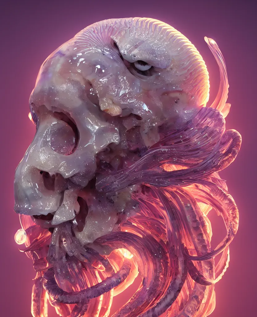 Image similar to goddess close-up portrait ram skull. jellyfish phoenix head, nautilus, orchid, ram skull, betta fish, bioluminiscent creatures, intricate artwork by Tooth Wu and wlop and beeple. octane render, trending on artstation, greg rutkowski very coherent symmetrical artwork. cinematic, hyper realism, high detail, octane render, 8k