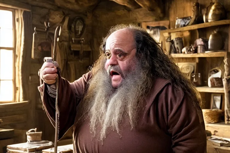 Image similar to film still Danny Devito as Rubeus Hagrid in his cabin in Harry Potter movie