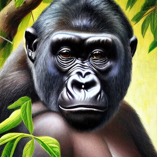 Image similar to portrait of a gorilla woman ( 3 5 ) from tanzania, 5 0 0, 0 0 0 bce, an oil painting by ross tran and thomas kincade