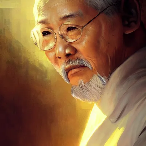 Image similar to mr miyagi, portrait, intricate, detailed, volumetric lighting, scenery, digital painting, highly detailed, artstation, sharp focus, illustration, artstation, art by artgerm and greg rutkowski and alphonse mucha