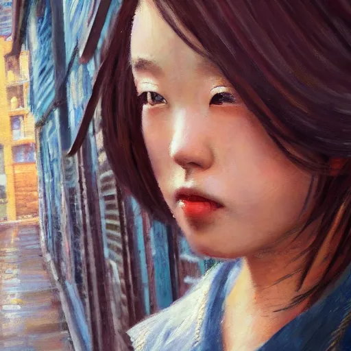 Image similar to a perfect, realistic professional oil painting in impressionism style, of a Japanese schoolgirl posing in a dystopian alleyway, close-up, by a professional American senior artist on ArtStation, a high-quality hollywood-style concept