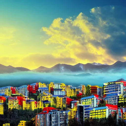 Image similar to City on a hillside, futuristic city on mountainside, red yellow and blue buildings, clouds on hill