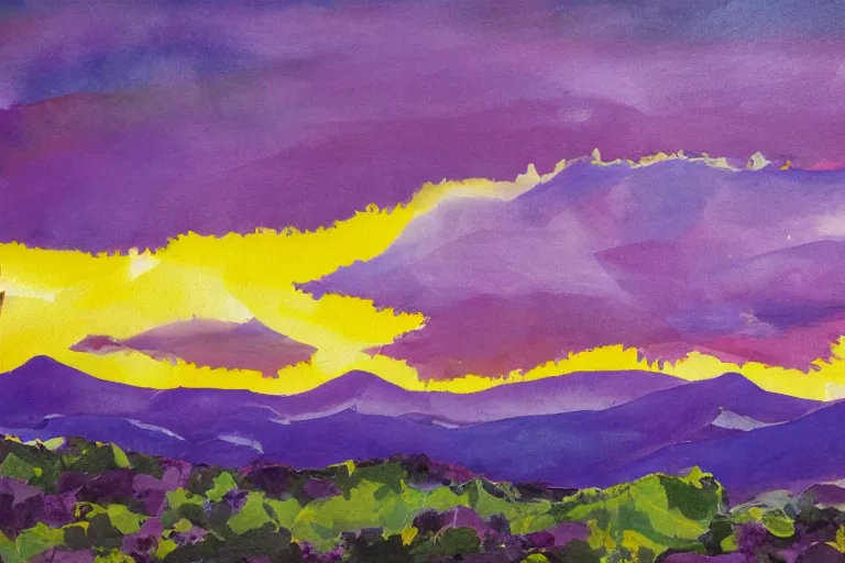 Prompt: landscape of purple paisley mountains and yellow sky
