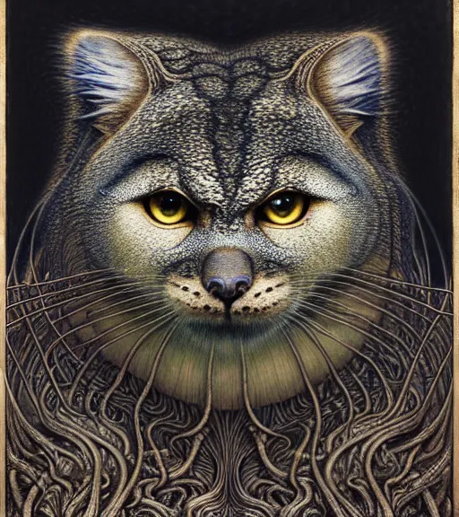 Image similar to detailed realistic beautiful manul face portrait by jean delville, gustave dore, iris van herpen and marco mazzoni, art forms of nature by ernst haeckel, art nouveau, symbolist, visionary, gothic, neo - gothic, pre - raphaelite, fractal lace, intricate alien botanicals, ai biodiversity, surreality, hyperdetailed ultrasharp octane render