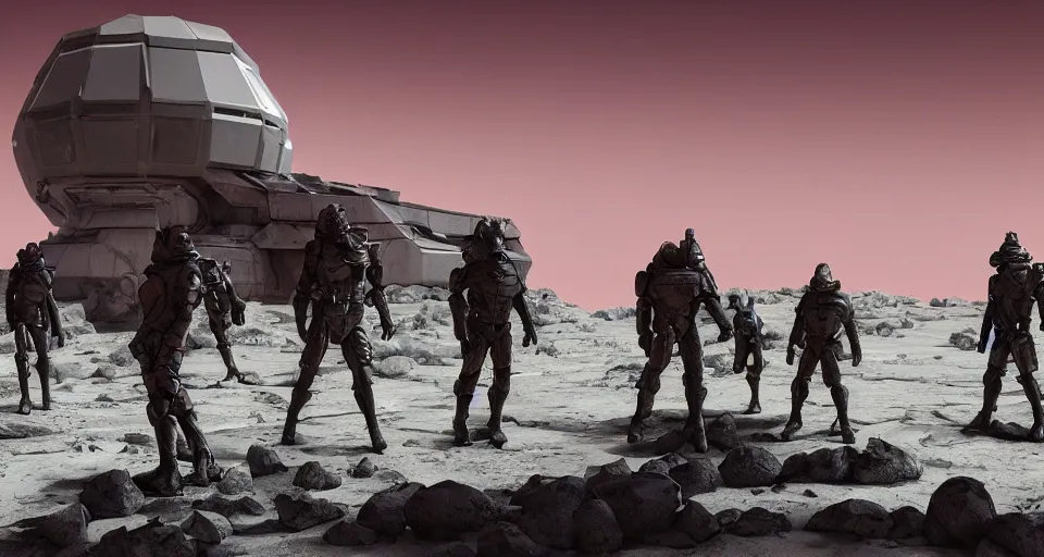 Image similar to alien red desert, foreground giant Fluorite art deco crystals out of the ground, Nordic rocky desert environment, background grey troopers and bounty hunters standing near their huge sci-fi futuristic tank | 35mm | arch viz , Matte painting, octane render, 8k, corona render, movie concept art, bio-luminescence, liquid, mist, caustics, epic mood, cinematic, hyper detailed, insanely detailed and intricate, portrait, hyper maximalist, cinematic, octane render, colorful redshift render, 8k