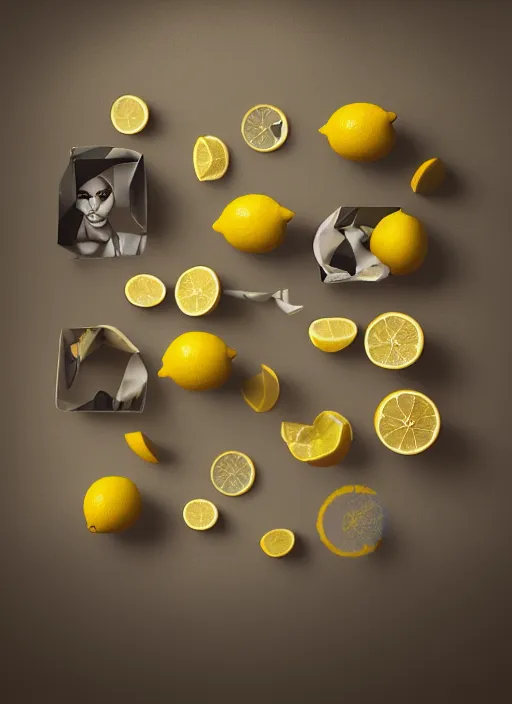 Image similar to when life give you only lemons, just sell them, lol, just do it, photorealistic, canon r 3, high fashion photography, elegant, luxury and elite, symmetry, octane render, unreal engine, solid dark grey background, dramatic lights