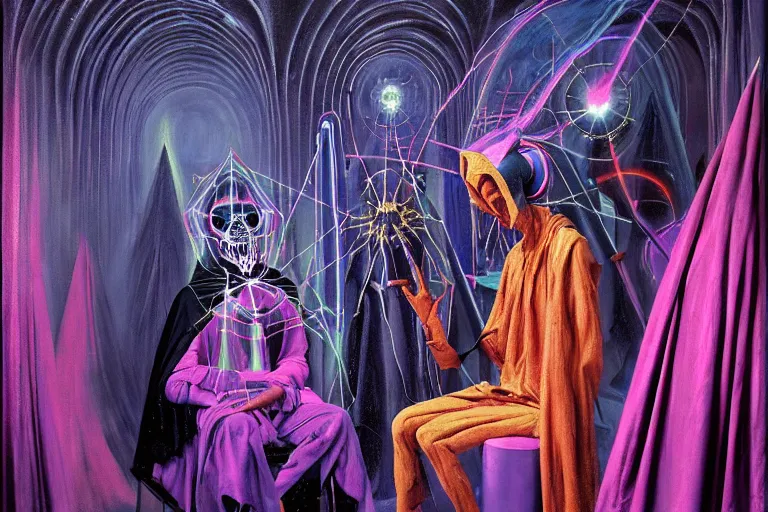 Image similar to a masterpiece painting in the laboratory of a technomancer wizard, in dazzle camouflaged robes, pointed hoods, he discusses sentience with his al djinn by remedios varo and anato finnstark and greg rutkowski and andy warhol and francis picabia. dayglo pink blue, prismatic, pearlescent, raven black, glowing, hyperrealism, trending on artstation