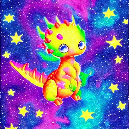 Prompt: cute kawaii baby dragon, galaxy, stars, cosmos, nebula, in the style of lisa frank, watercolor painting