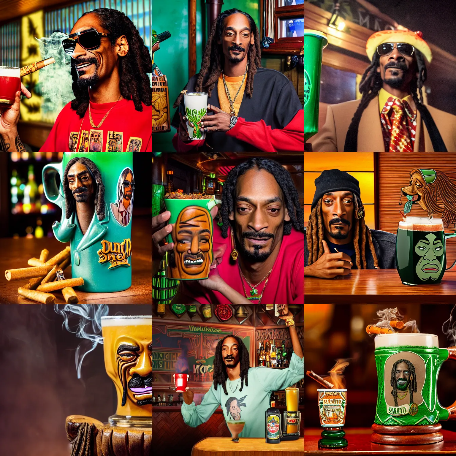 Prompt: a closeup photorealistic photograph of blunt smoking snoop dogg at trader vic's bar holding up a trader vic's tiki mug featuring snoop dogg's face. tiki culture. brightly lit scene. this 4 k hd image is trending on artstation, featured on behance, well - rendered, extra crisp, features intricate detail, epic composition and the style of unreal engine.