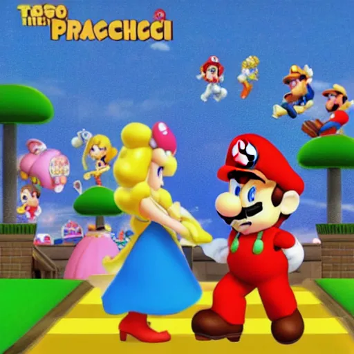 Prompt: picture with Mario in the top left corner and princess peach in bottom right corner rule of thirds