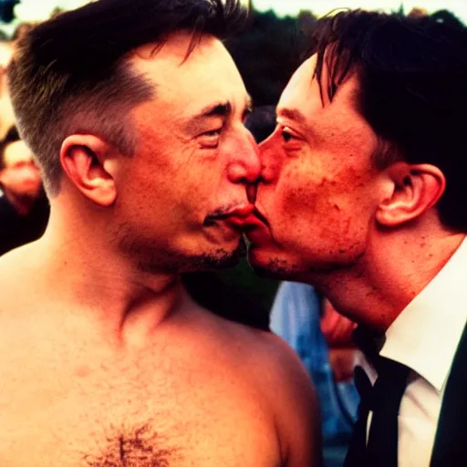 Image similar to photo joe rogan kissing elon musk, cinestill, 800t, 35mm, full-HD