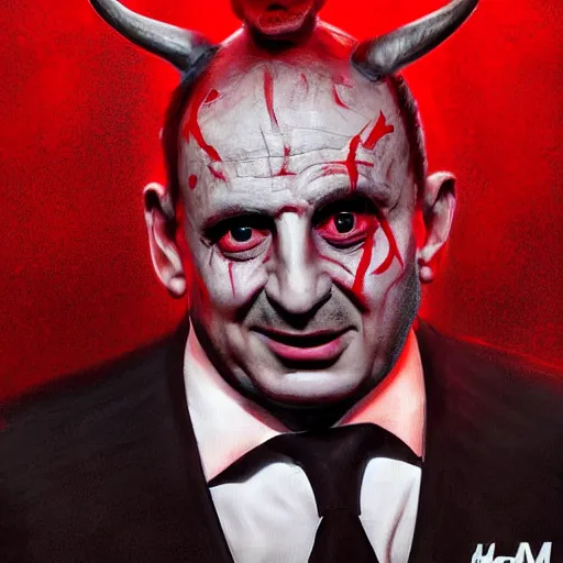 Image similar to avram glazer as the devil reincarnate, owner of manchester united football club, portrait, pure evil, devils horns, avram glazer, satan, hell, 8 k, hyperrealism, symmetry, cinematic lighting - w 1 0 2 4